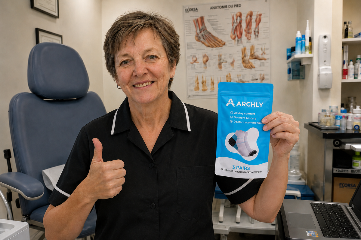Dr Emma Vos holding a pair of Archly compression socks in her clinic