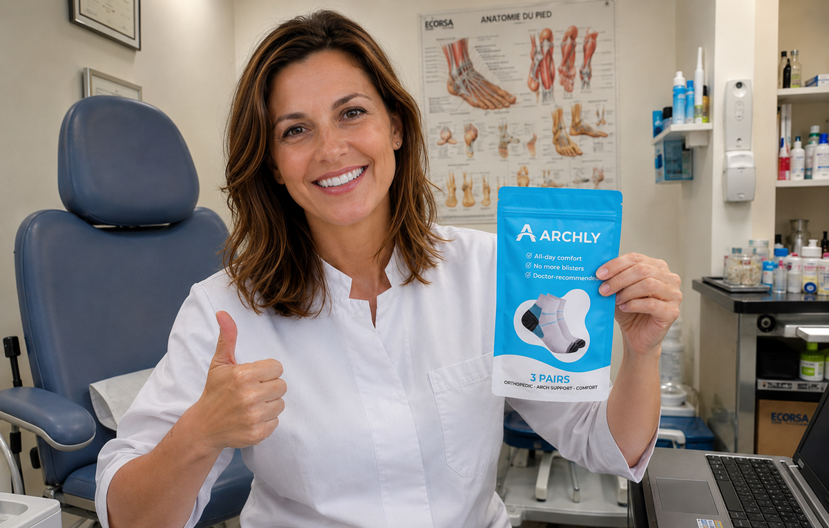 Dr Emma Vos holding a pair of Archly compression socks in her clinic