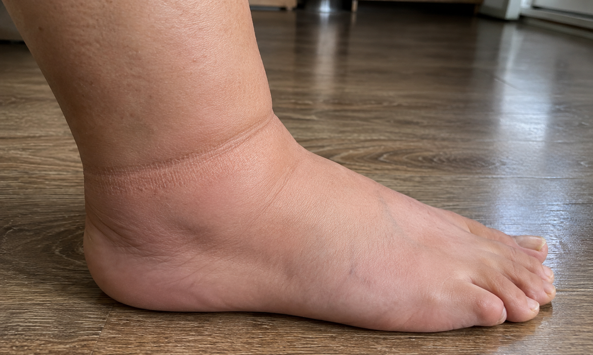 Close-up of an ordinary sock cuff leaving a tight red ring pressed into the skin above the ankle