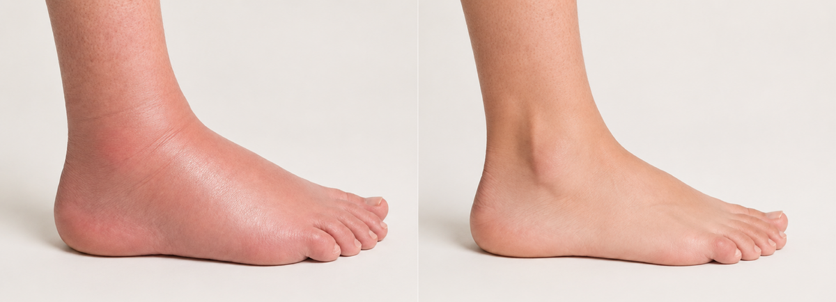 Swollen foot before, healthy foot after